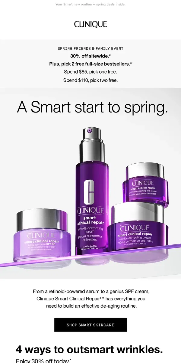 Email from Clinique. 🌟 Brilliant idea. Take 30% off our anti-aging geniuses. 