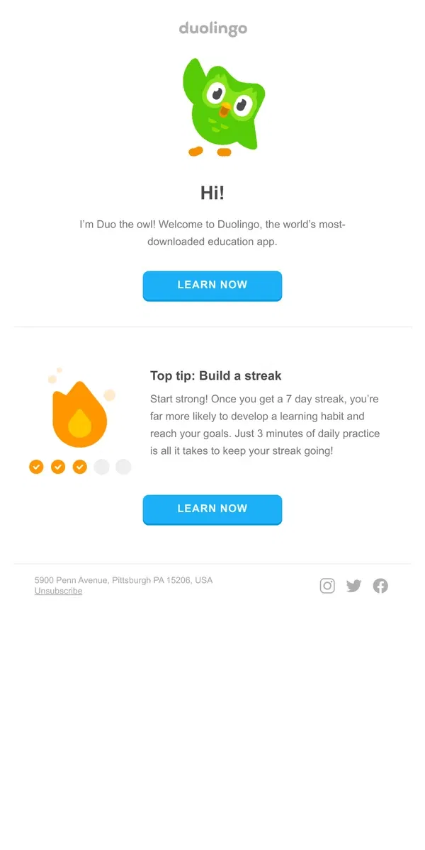 Email from Duolingo. Welcome to Duolingo! Our top tip to get you started