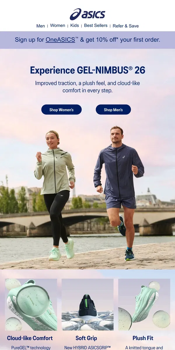 Email from ASICS. Engineered for comfort: meet GEL-NIMBUS® 26.