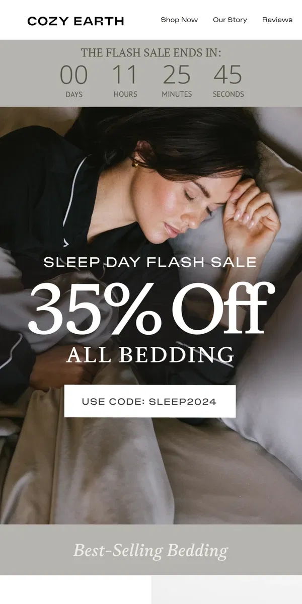 Email from Cozy Earth. Sleep Day Flash Sale Starts NOW