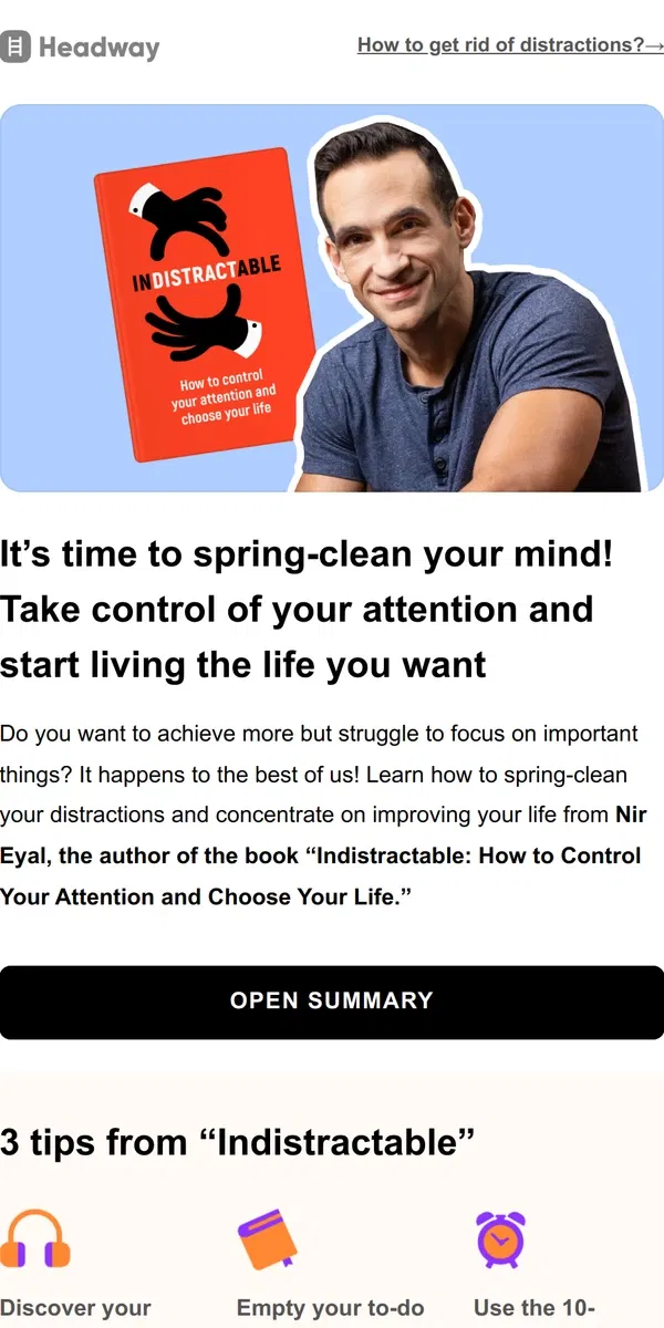 Email from Headway. 🎯 How to spring-clean your life? 3 tips to stay focused and achieve your goals