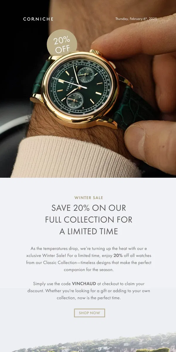 Email from Corniche Watches. A Seasonal Gift: 20% Off Our Classic Collection