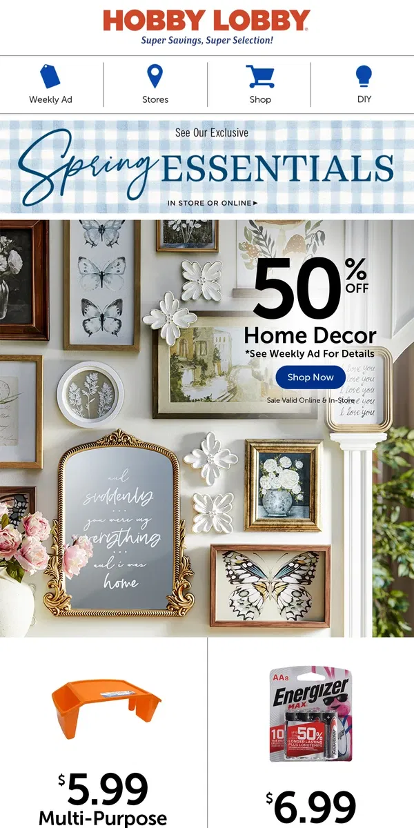 Email from Hobby Lobby. 50% Off Elegant Wall Decor For You!