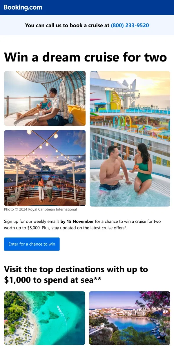 Email from Booking.com. 🎁 $5,000 cruise giveaway