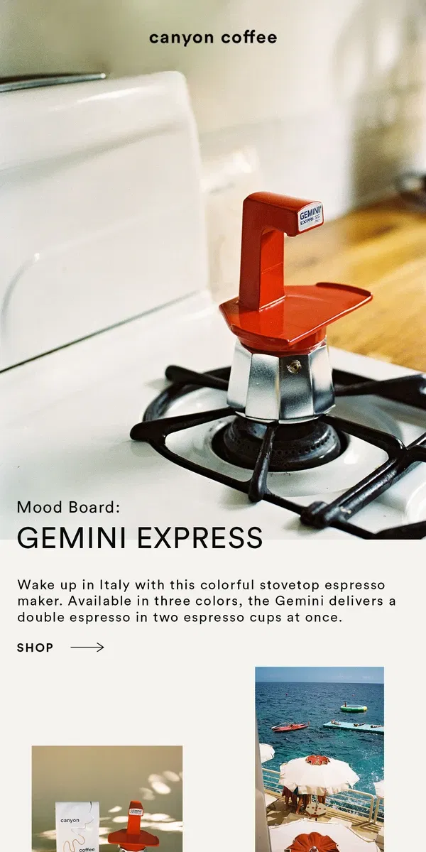 Email from Canyon Coffee. Mood Board: Gemini Express