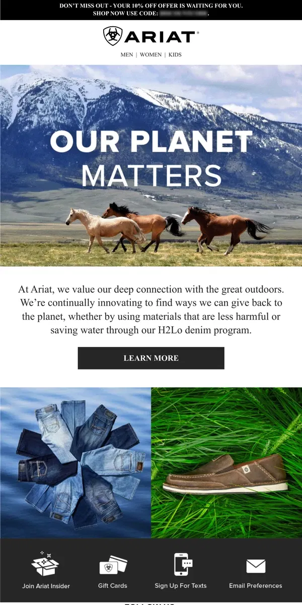 Email from Ariat. Giving Back to the Planet