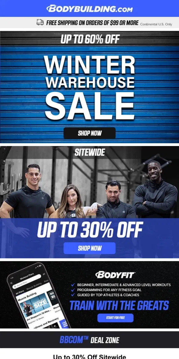 Email from Bodybuilding.com. ❄️ Winter Warehouse Sale! Up to 60% Off!