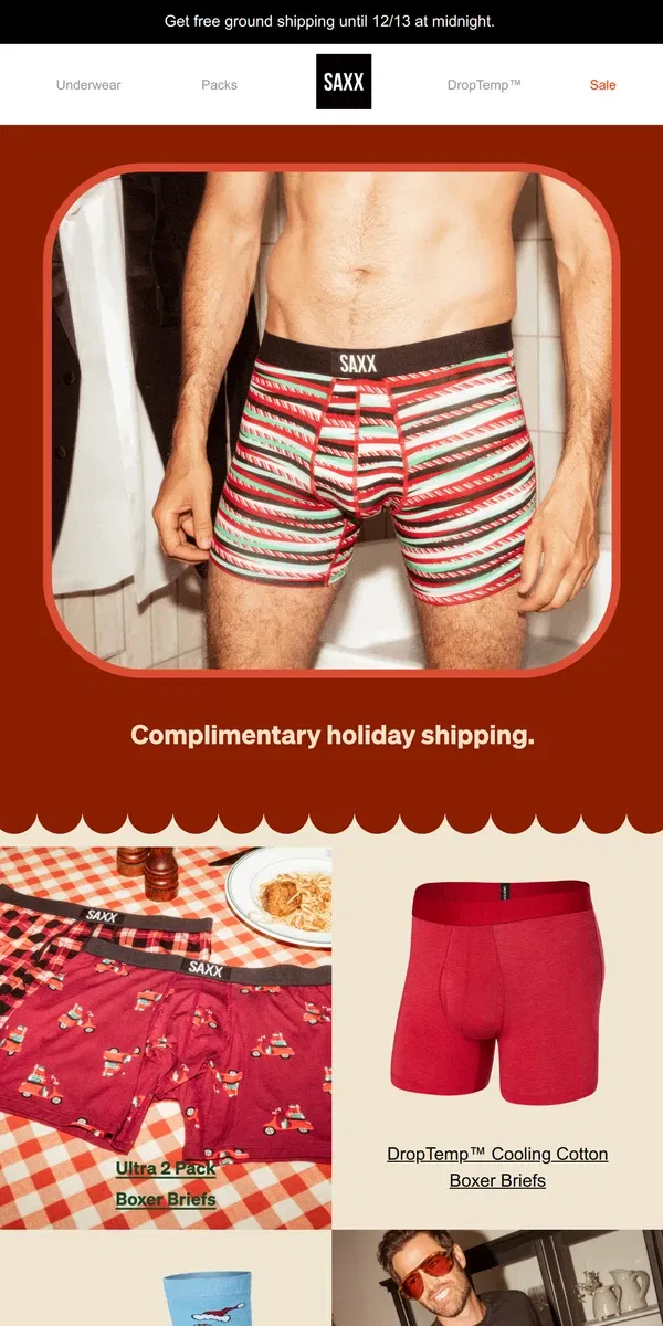 Email from SAXX Underwear. Complimentary ground shipping starts now 🎁🎉🎄