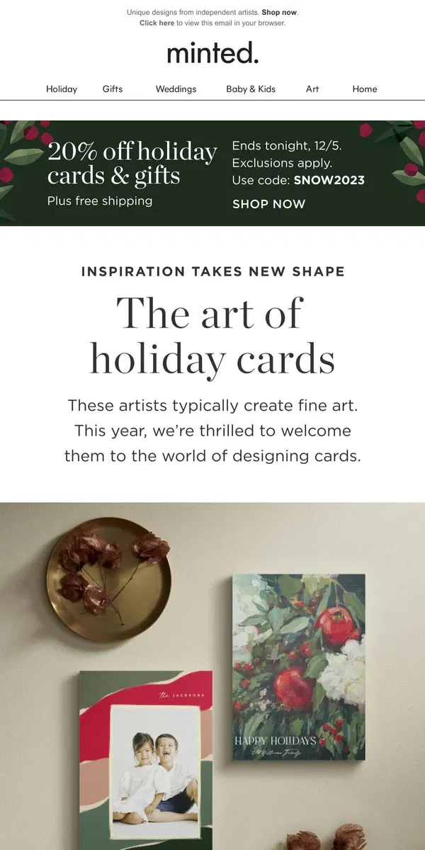 Email from Minted. 20% off artful holiday cards