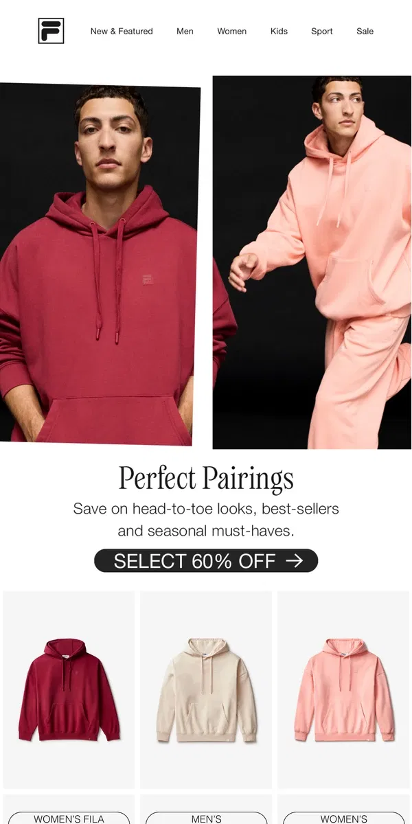 Email from FILA. Perfect Pairings, Select 60% Off