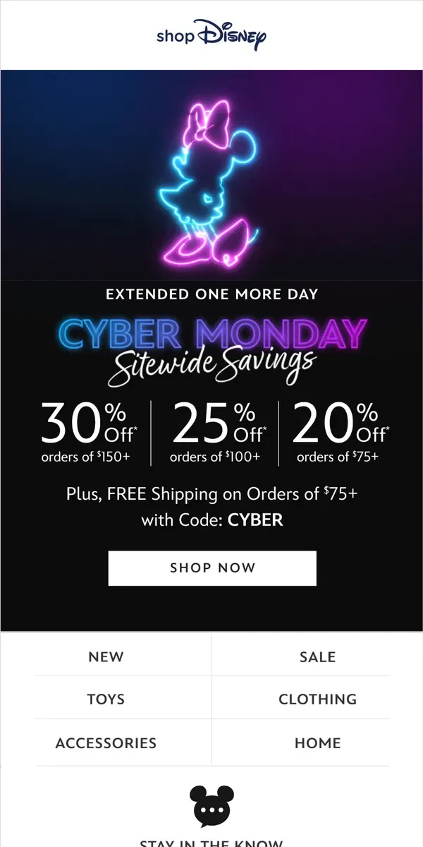 Email from shopDisney. Cyber Monday Savings extended!