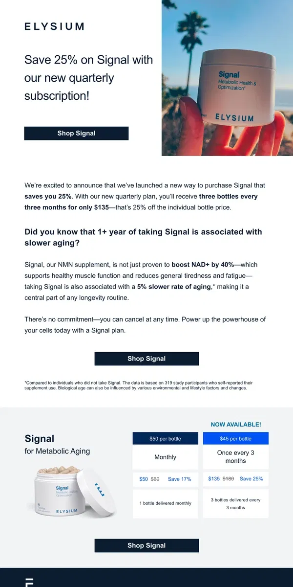 Email from Elysium Health. Now: Save 25% on Signal