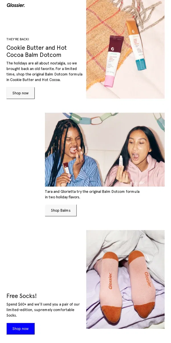 Email from Glossier. Cozy up to Balm Dotcom