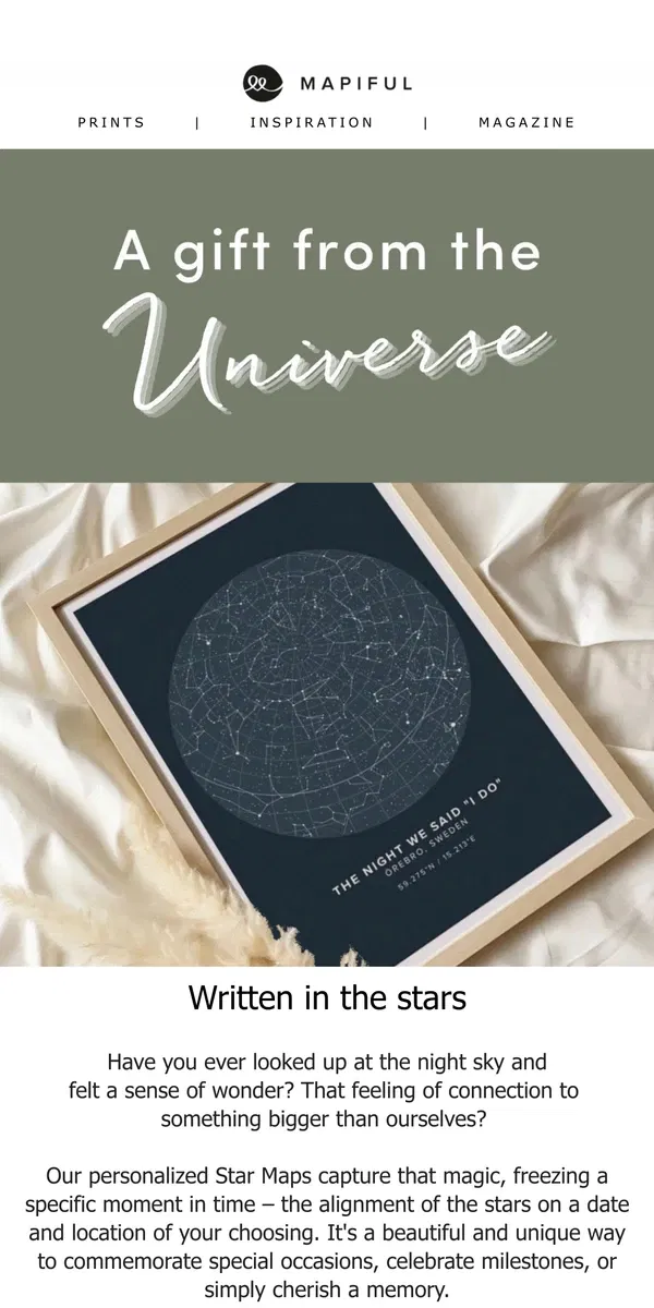 Email from Mapiful. The Perfect Gift: Unique & Meaningful Star Maps from Mapiful⭐