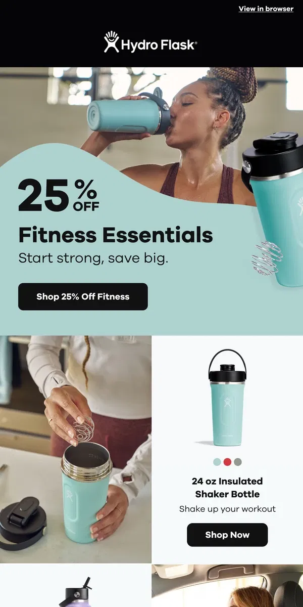 Email from Hydro Flask. 25% off fitness essentials