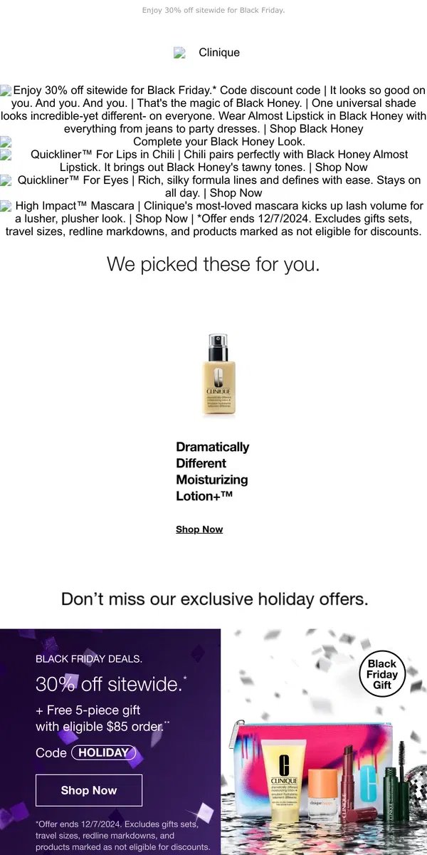 Email from Clinique. Black Honey 30% OFF TODAY! Grab a few for gifts.