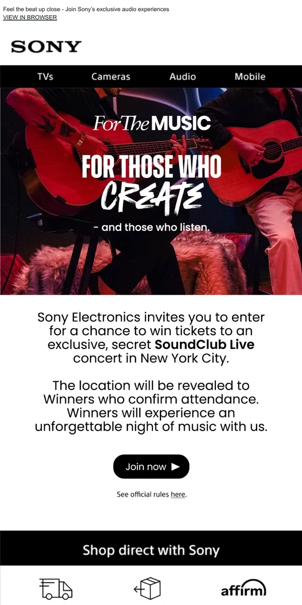 Email from Sony. Secret SoundClub Live Concert | Enter For A Chance To Win Tickets