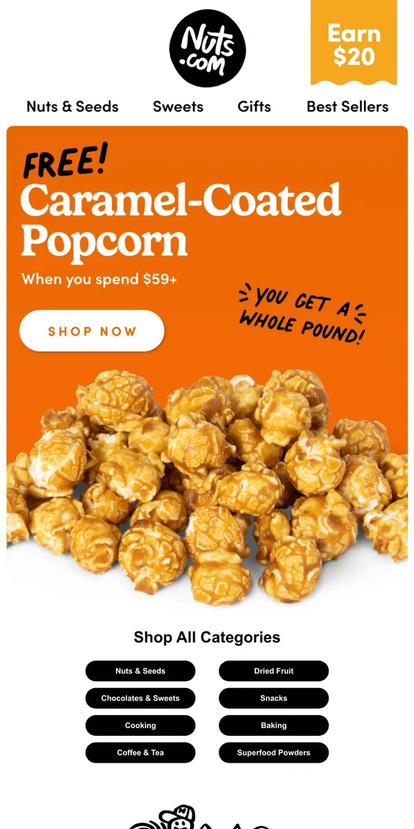 Email from Nuts.com. FREE Caramel-Coated Popcorn!