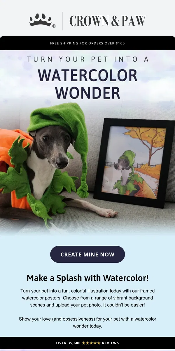 Email from Crown & Paw. Turn Your Pet Into a Watercolor Wonder 🎨