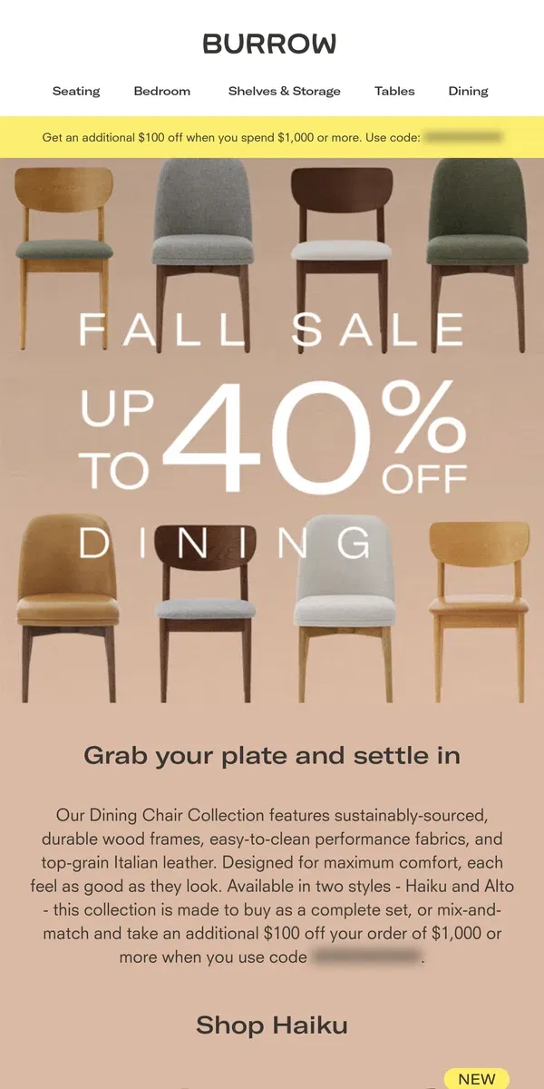 Email from Burrow. Save on dining chairs before holiday dinner party season