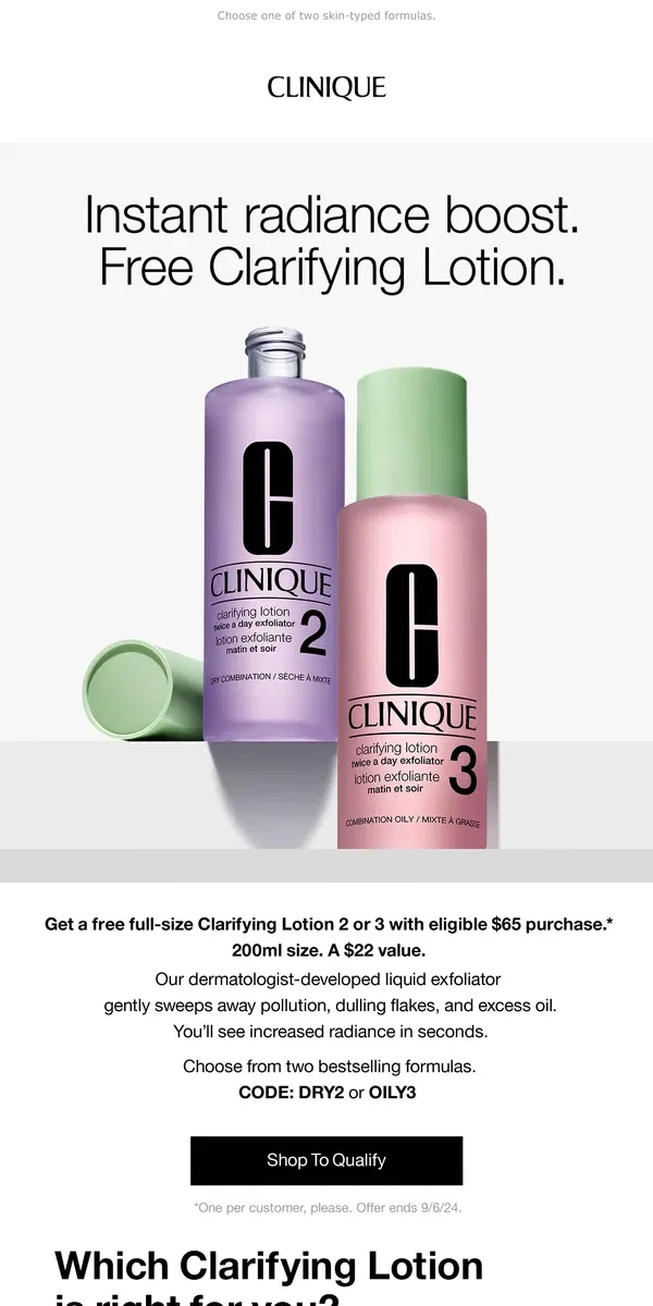 Email from Clinique. ENDS TONIGHT. Get your free Clarifying Lotion with $65 purchase.