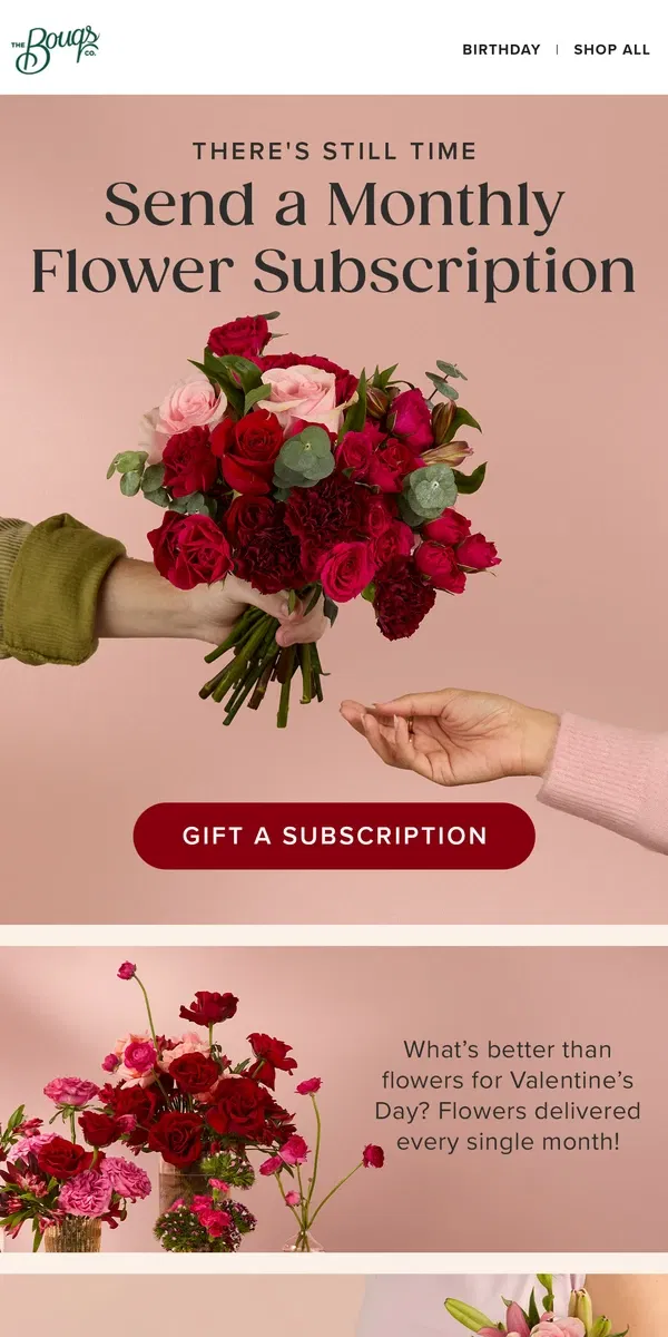 Email from The Bouqs Co.. THERE'S STILL TIME! Gift a Valentine’s Day subscription ❤️💕🌹