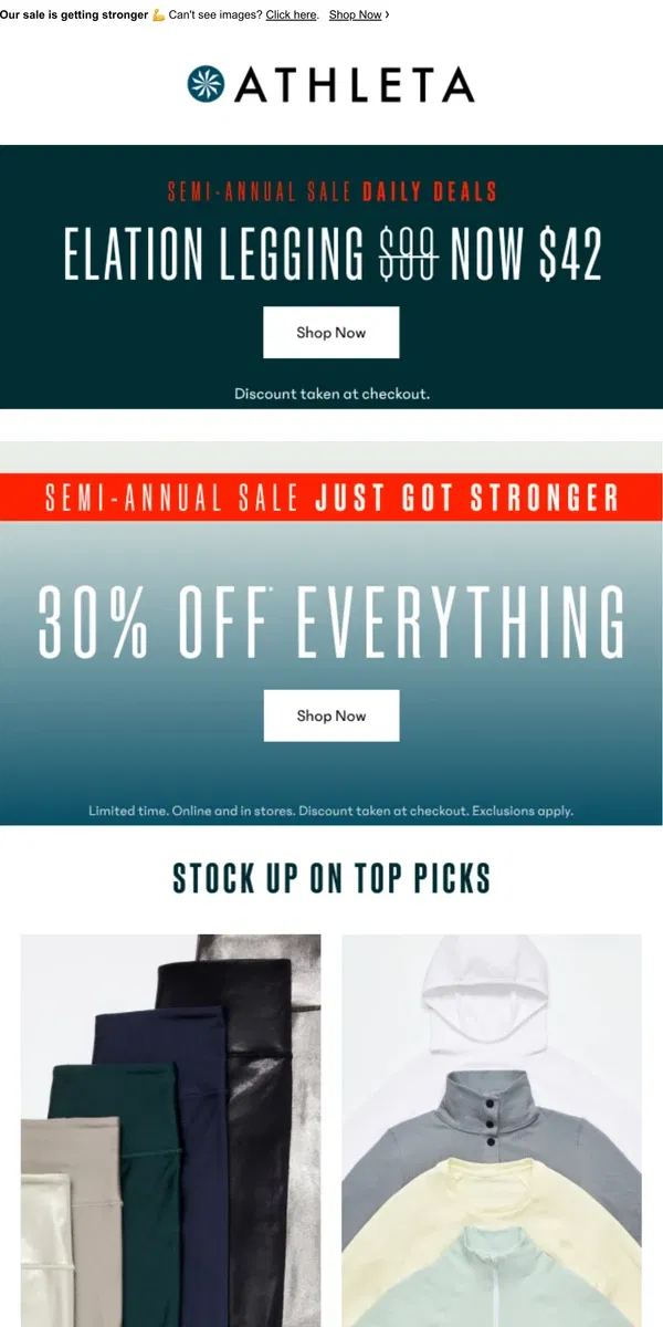 Email from Athleta. STARTS NOW: *30% off* everything 🥳