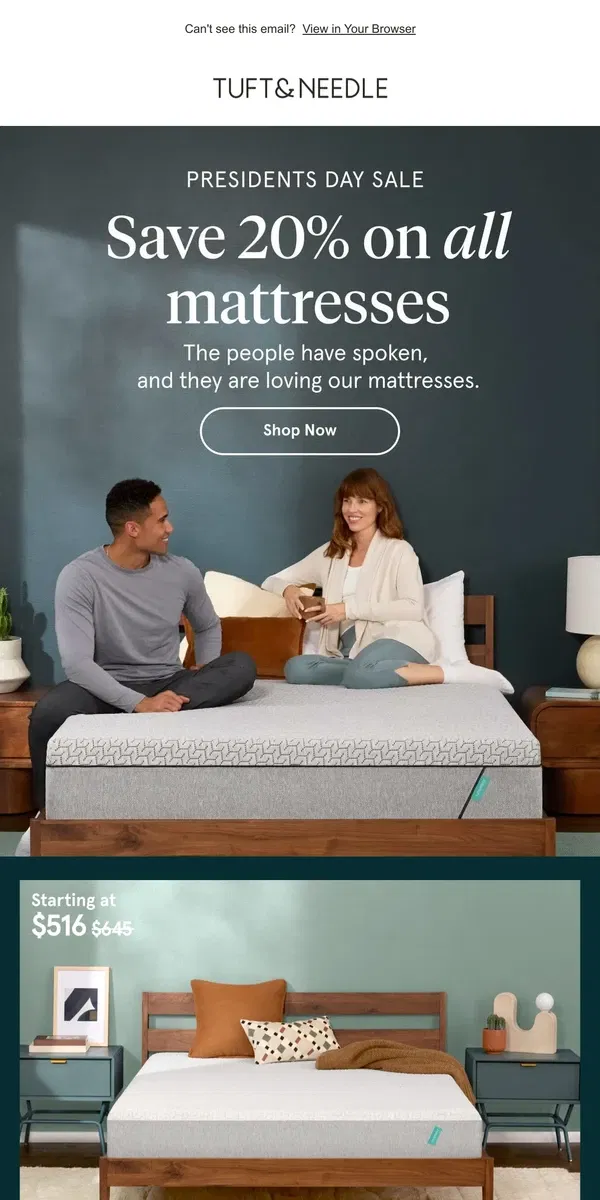 Email from Tuft & Needle. Save 20% on top-rated mattresses