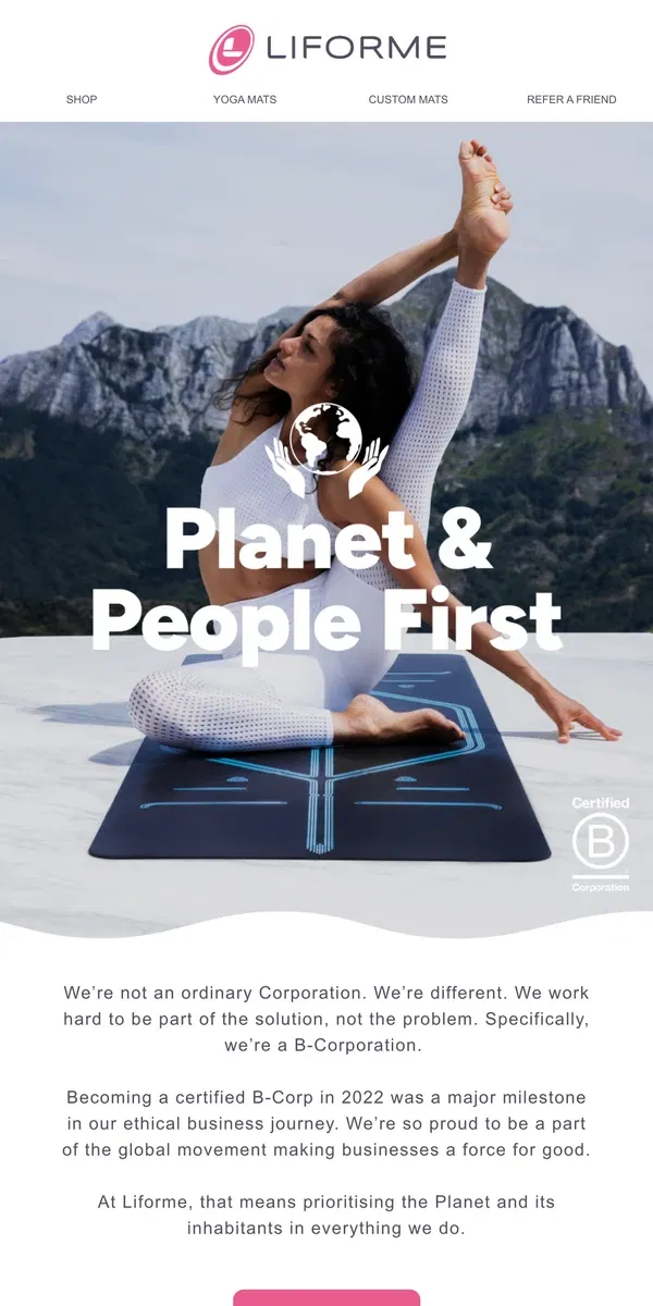 Email from Liforme. Planet, People, Progress 🌍 💚