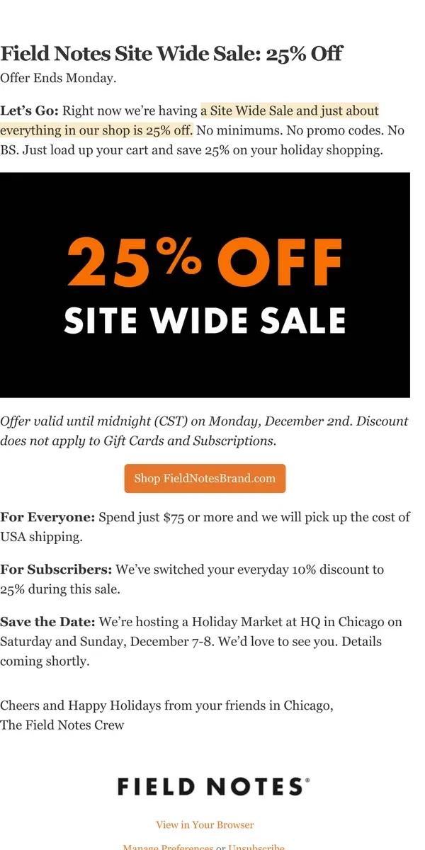 Email from Field Notes. Field Notes Site Wide Sale: 25% Off