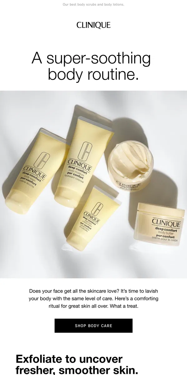 Email from Clinique. Silky body care 💛 Feel softer all over. 