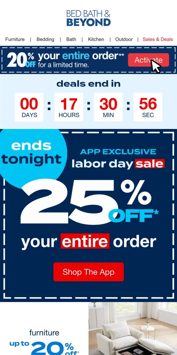 Email from Bed Bath & Beyond. 🚨🚨🚨 ENDS TONIGHT: Labor Day Deals 🚨🚨🚨