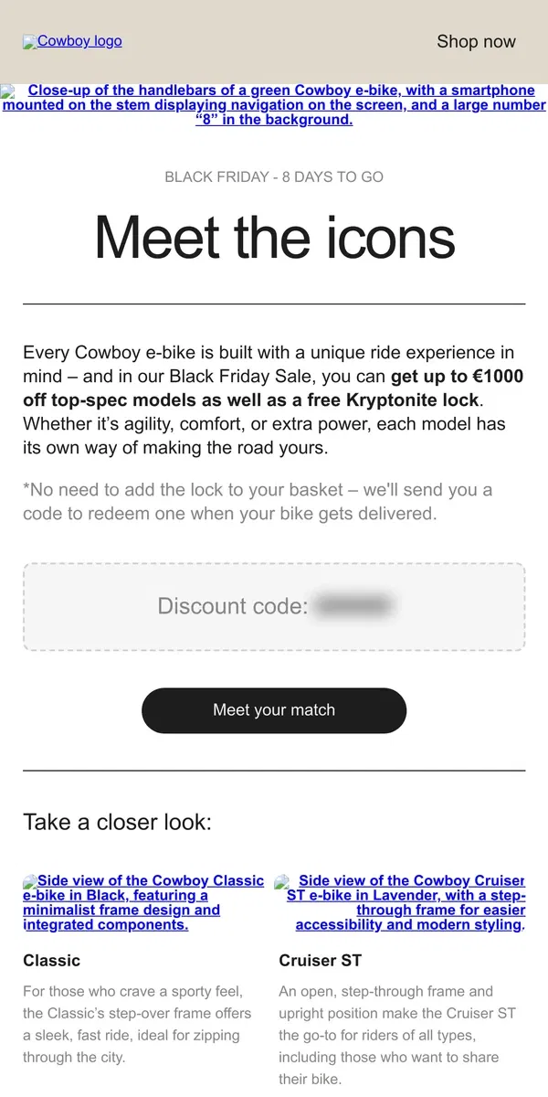 Email from Cowboy. Black Friday: save up to €1000