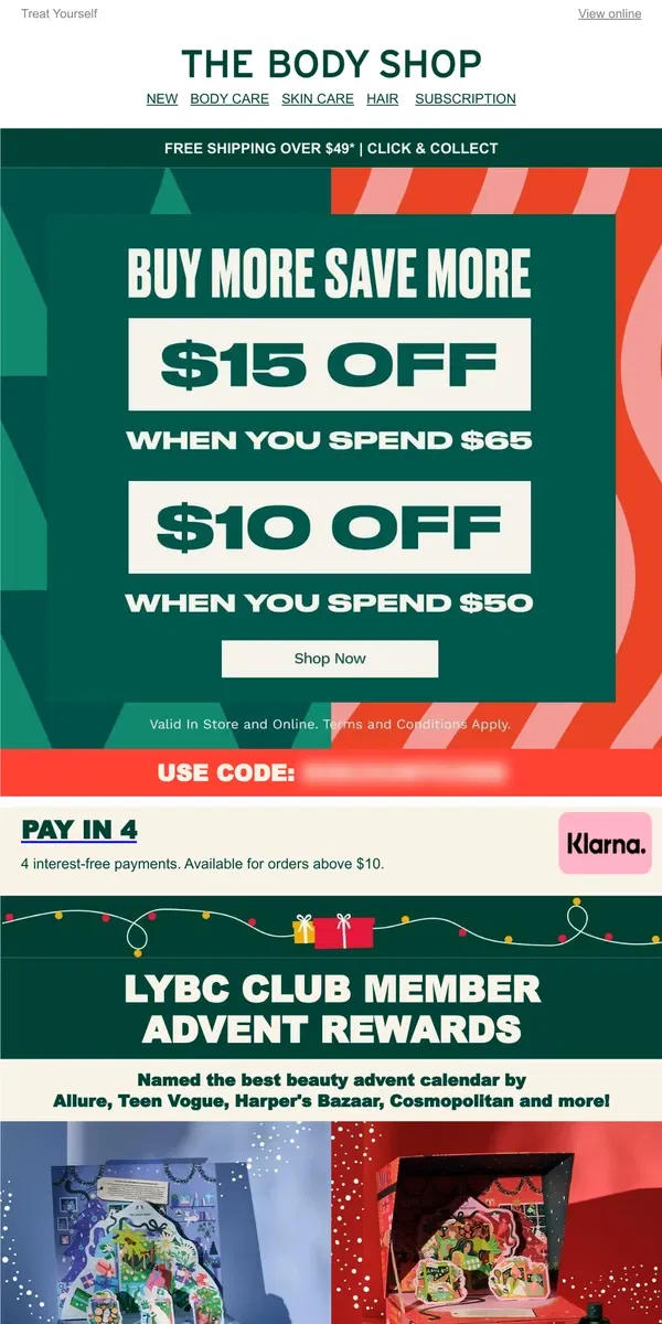 Email from The Body Shop. $15 OFF Your Purchase of $65 or more!