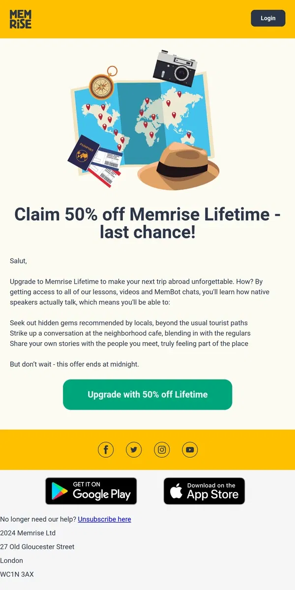 Email from Memrise. Offer ends tonight: Get 50% off Lifetime Pro - Speak confidently in your travels this year