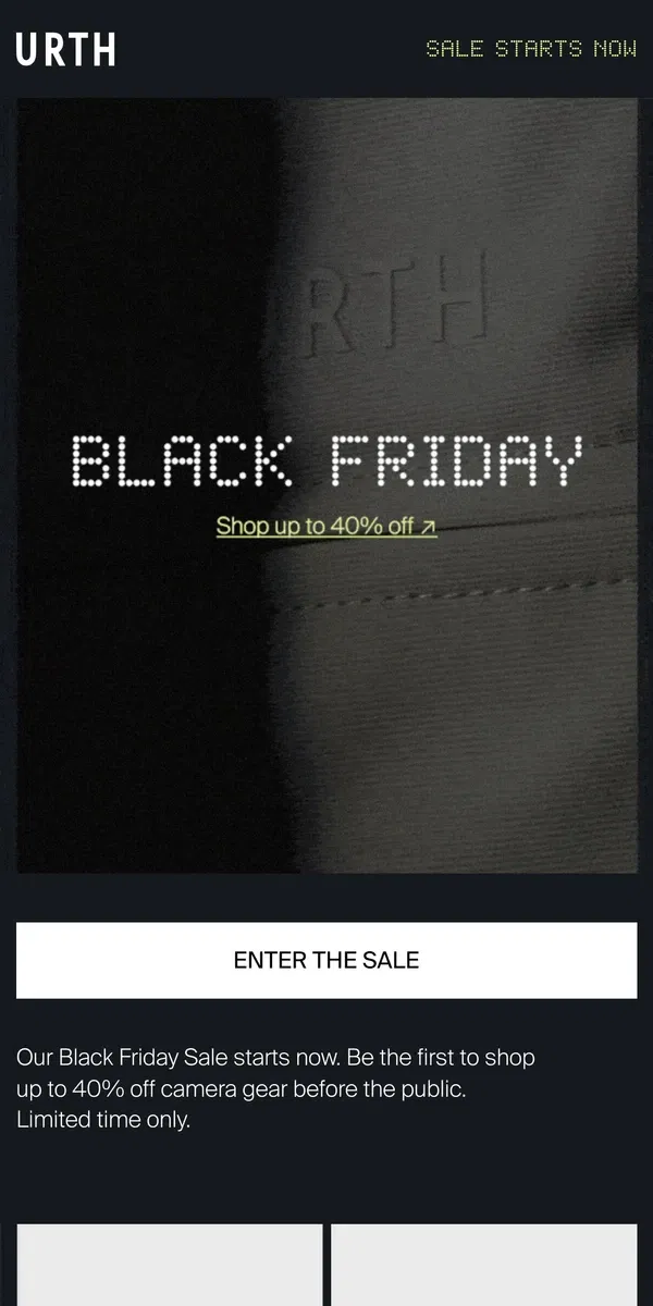 Email from Urth. BLACK FRIDAY — Up to 40% off