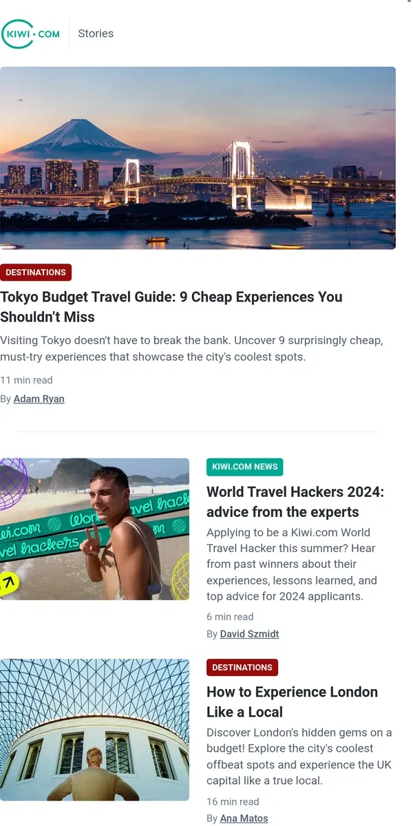 Email from Kiwi.com. 🗼Tokyo on a budget is our top travel tip this month🗾