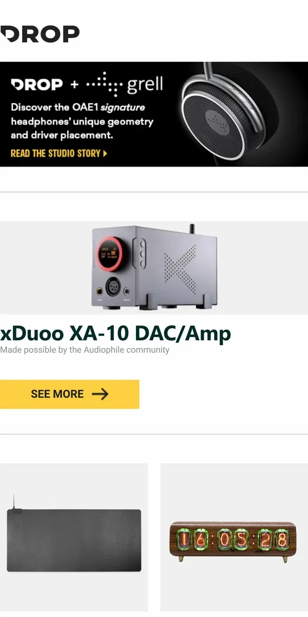 Email from Drop. xDuoo XA-10 DAC/Amp, STATIK TaskPad Desk Mat With Built-In Wireless Charger, Keebmonkey IN12 Walnut Nixie Clock and more...