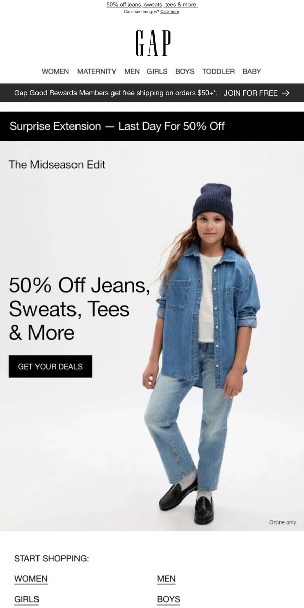 Email from GAP. You're getting 50% OFF —> Only till tonight