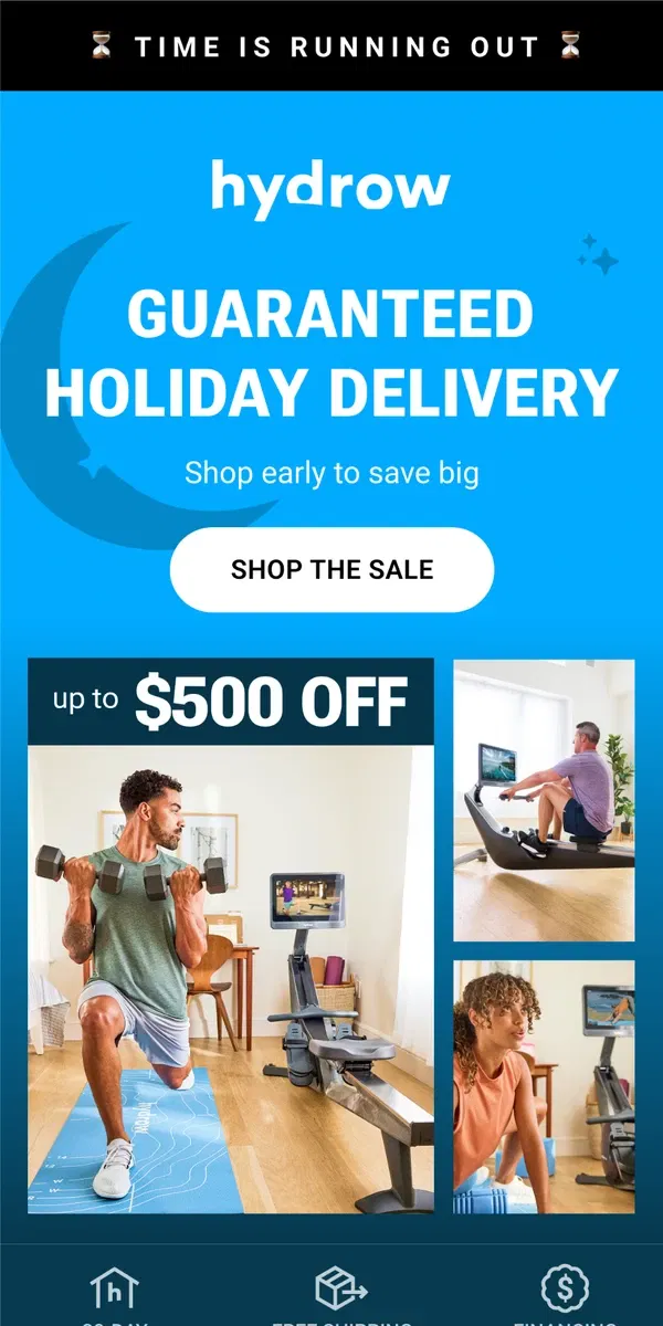 Email from Hydrow. How does guaranteed holiday delivery sound?