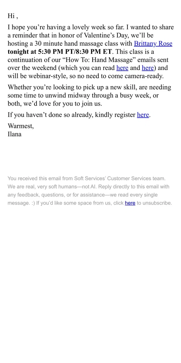 Email from Soft Services. Reminder: Hand Massage Class Tonight