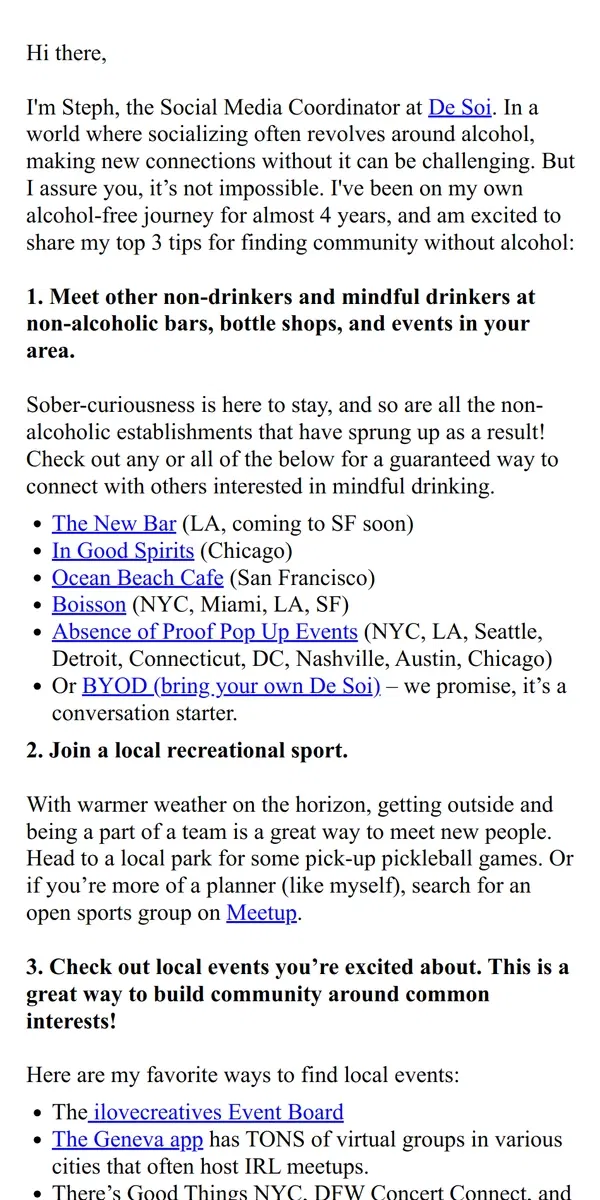 Email from De Soi. 3 Ways to Find Community Without Alcohol