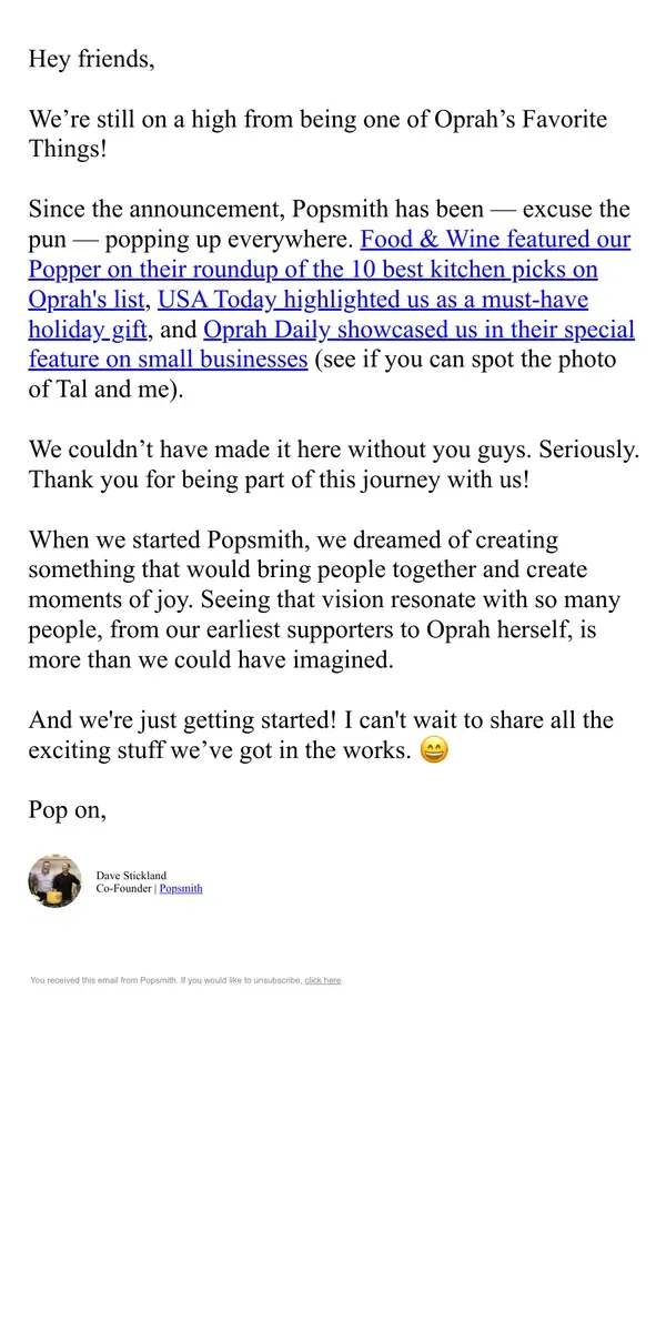 Email from Popsmith. Small popcorn company, big dreams