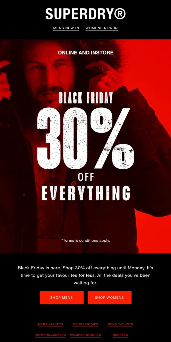 Email from Superdry. Black Friday Has Officially Arrived! Get 30% Off Everything