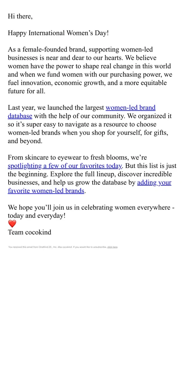 Email from cocokind. Celebrating women everywhere today 💐