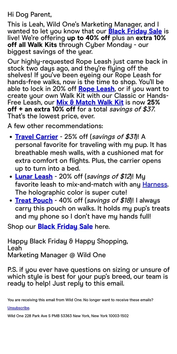 Email from Wild One. All Walk Kits 25% Off + Extra 10% Off = Best. Deal. Ever.