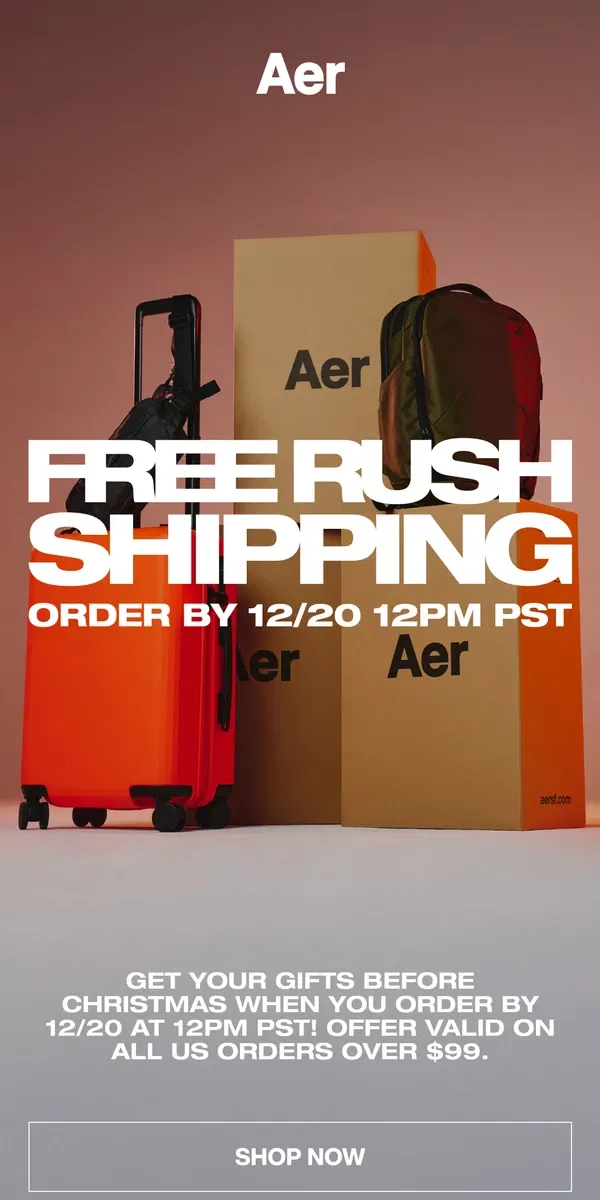 Email from Aer. Free Rush Shipping