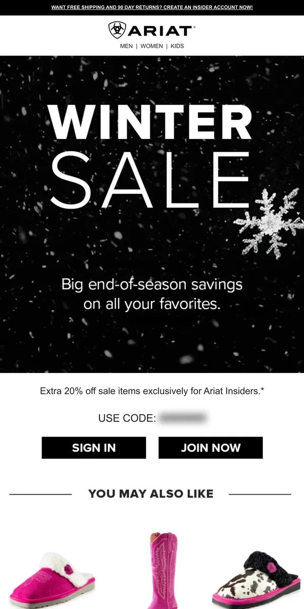 Email from Ariat. Take an Extra 20% Off Our End-of-Season Sale