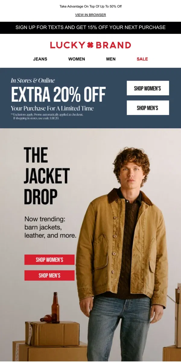 Email from Lucky Brand. The Jacket Drop 🧥 Plus Extra 20% Off Starts TODAY!