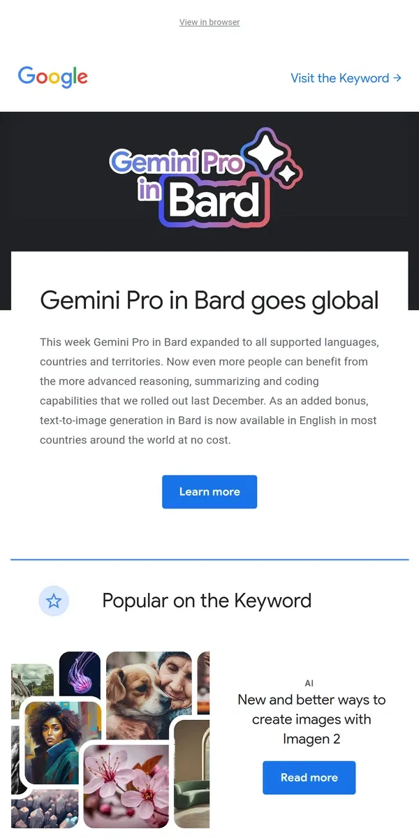 Email from Google. Gemini Pro in Bard expands to more countries